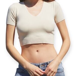 John Galt Brandy Melville Cream Cropped Sweater V Neck Tee Top Preppy Size XS-S